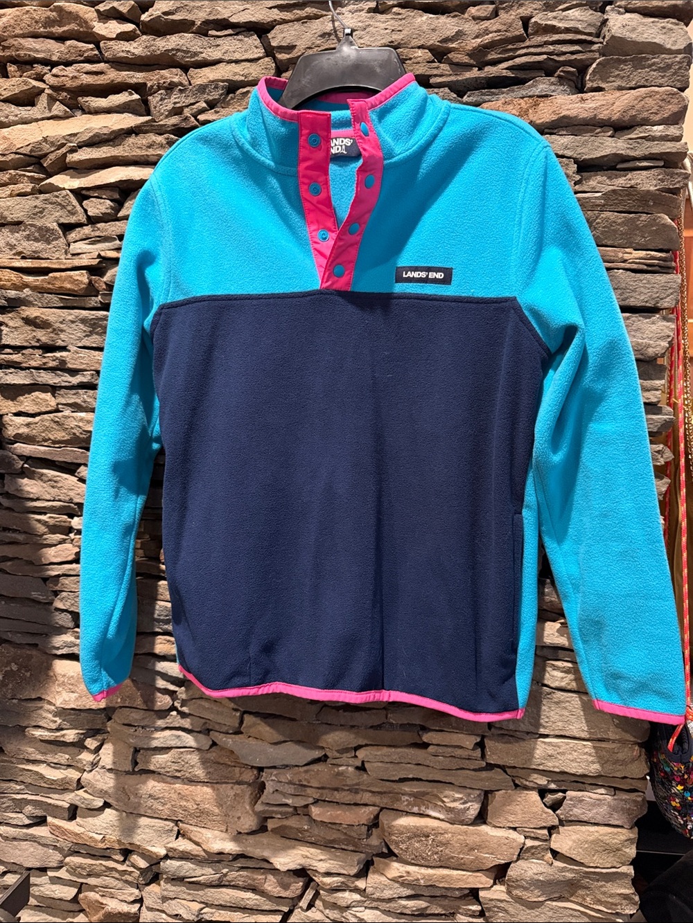 Lands' End Teal and Navy Colorblock Fleece with Pink Trim